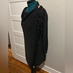 MarleyLilly Asymmetrical Cross Body Buttoned Grey Fringe Sweater